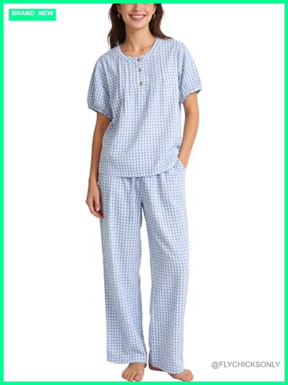 100% Cotton Pajama Set - Puff Sleeve Babydoll Henley Top & Wide Leg Pants